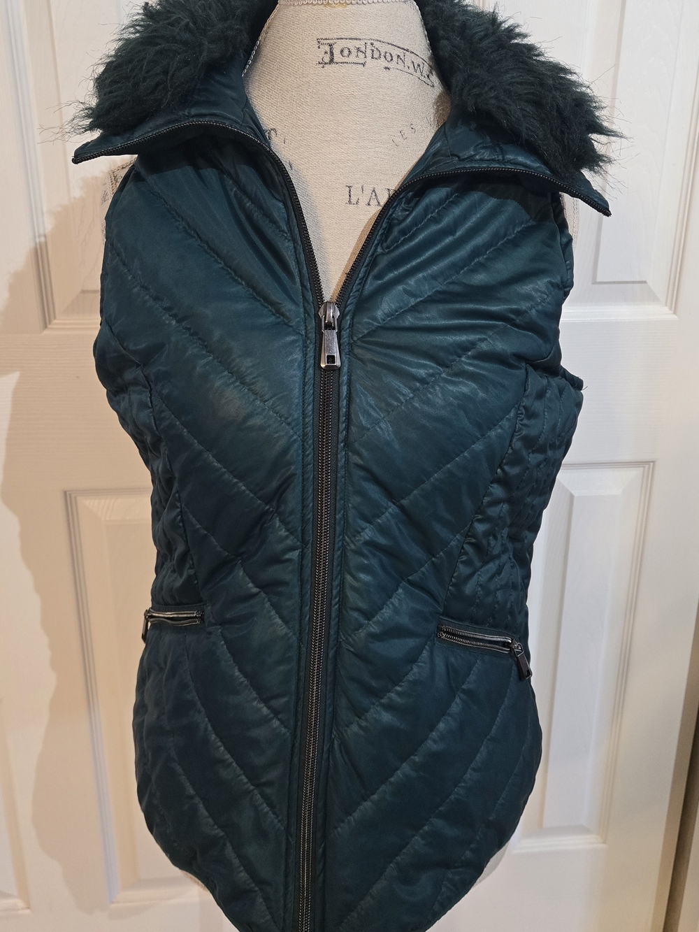 Quilted Faux-Fur Collar Vest - Teal